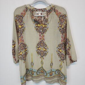 Trinity Womens Boho Blouse Size M Tan 3/4 Sleeve 100% Silk Split V-neck Nouveau